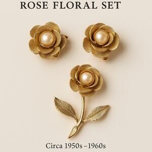 Vintage Gold-Toned 3D Textured Rose Floral Set (Screw-back Earrings & Brooch)